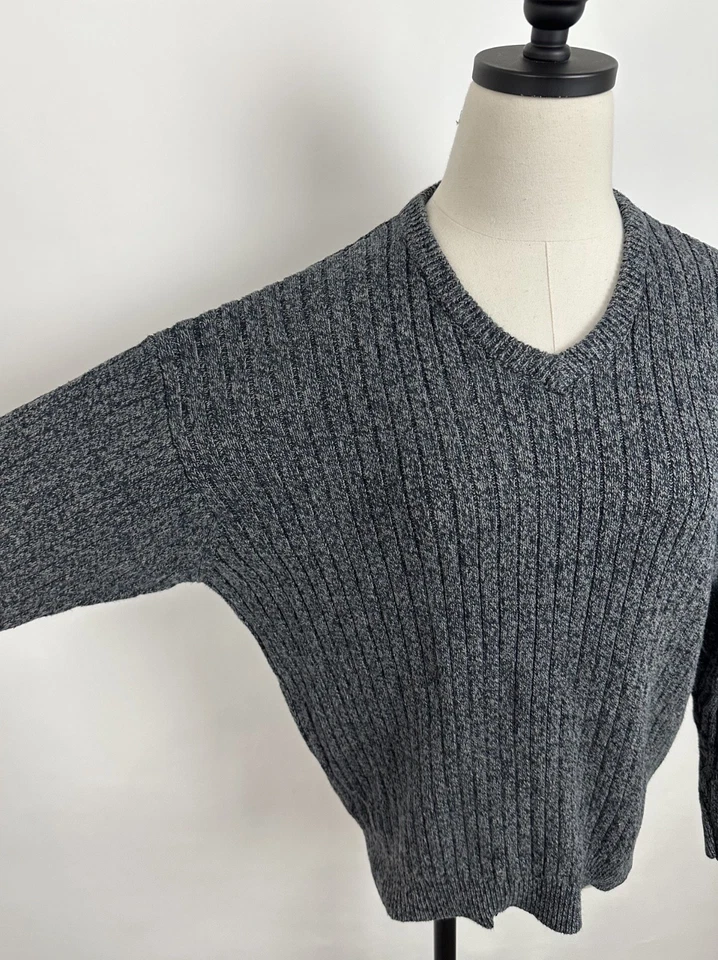 Suéter de Colección Años 90 Cuello en V Para Mujer Grande Acanalado Mezcla de Algodón Tejido Gris Carbón Foto 3 de 4