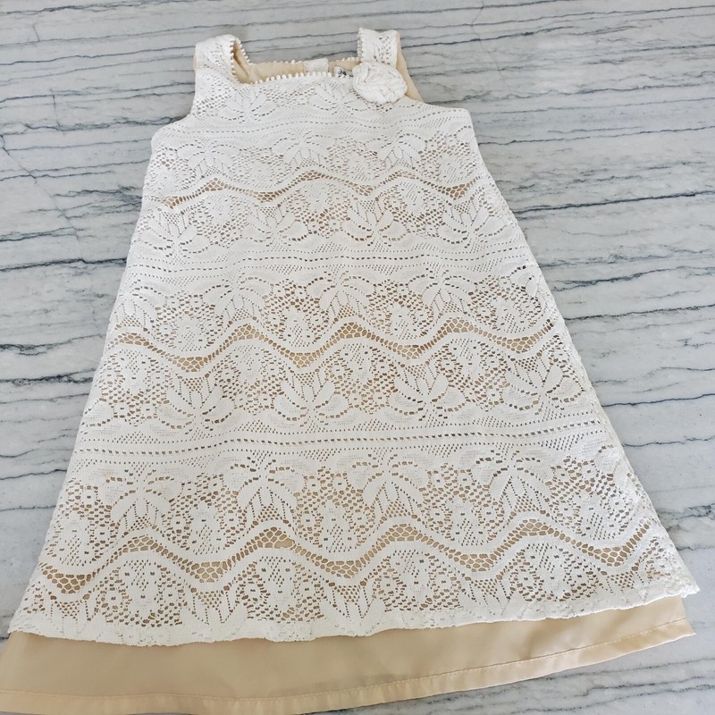 Jillian's Closet Girls Sleeveless White Lace/Crochet Beige Lined Dress Size 8
