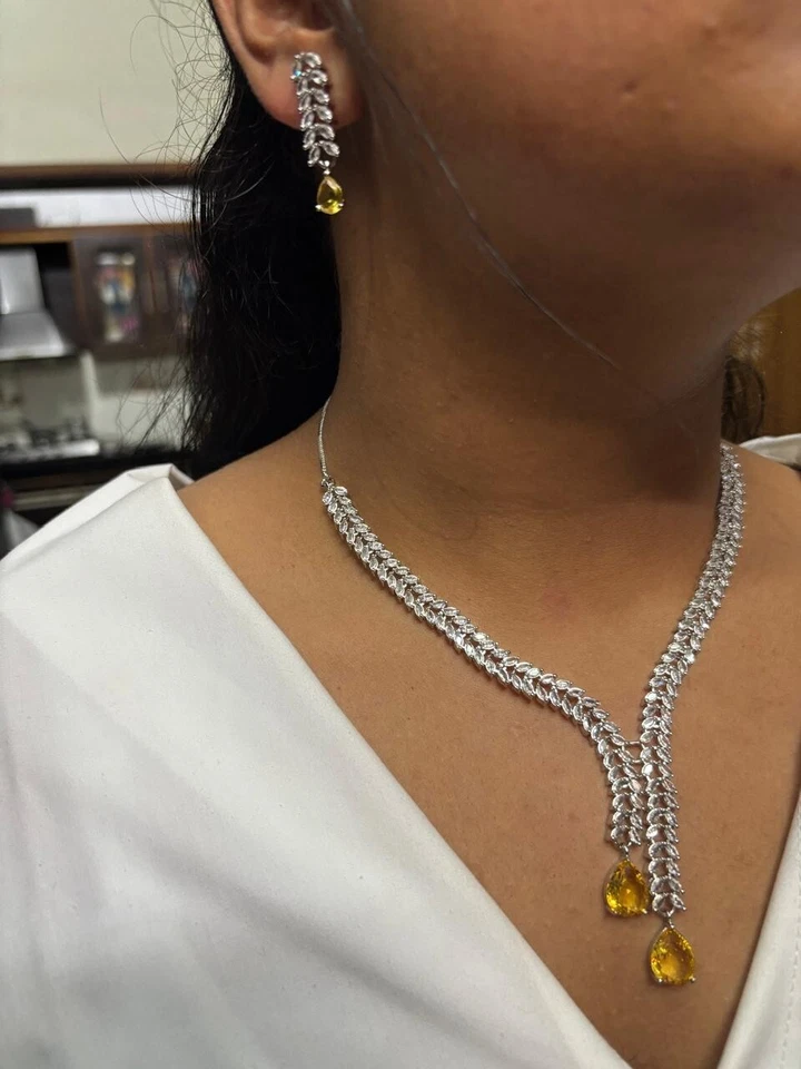 Conjunto nupcial de pendientes de joyería étnica enchapada en plata india de Bollywood AD CZ Foto 4 de 4