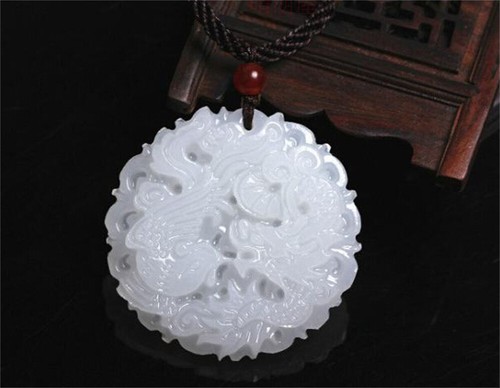 Natural White Stone Jade Carved Dragon Phoenix Lucky Pendant Amulet Necklace - Picture 3 of 6
