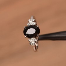 925 Sterling Silver Black Onyx Ring Oval Cut Natural Gemstone Women Dainty Ring