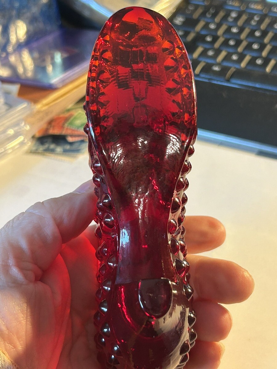 Vintage Fenton Art Glass Ruby Red Hobnail Cat Head Slipper