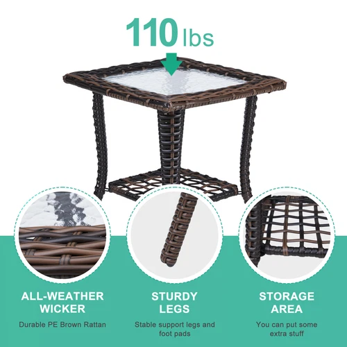 Outdoor Wicker Side Table,Rattan End Table with Glass Top,Patio Coffee Bistro US - Picture 3 of 9