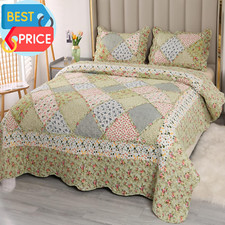 Full Queen Size Green Patchwork Quilt Set Reversible Quilted Bedspread Coverlet