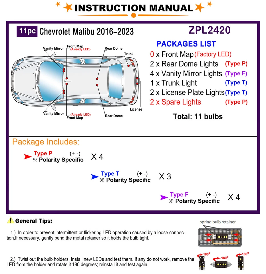Kit de luces interiores LED para Chevrolet Malibu 2016-2023 bombillas domo actualización Foto 2 de 4