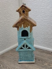 Handmade Ceramic Hanging Birdhouse Blue Brown Crackled Glaze Large 