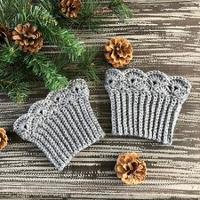 Handmade Crochet Boot Cuff Gray Scalloped Med Large calf 14" 15"