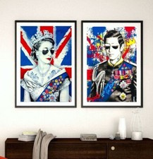 King Charles Queen Elizabeth Set of 2 Graffiti Street Art Framed or Poster Print