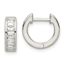 12.35mm Sterling Silver Polished Baguette CZ Hinged Hoop Earrings
