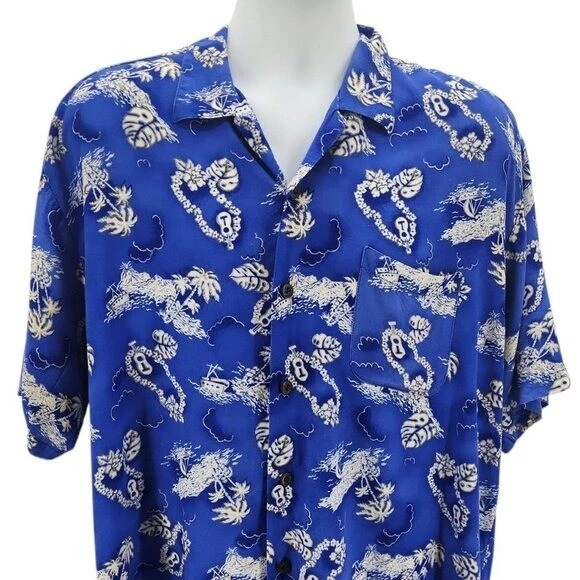 Vintage Ocean Current Mens XL Hawaiian Shirt Tropical Palm Tree Ukulele Blue - Image 2 of 4