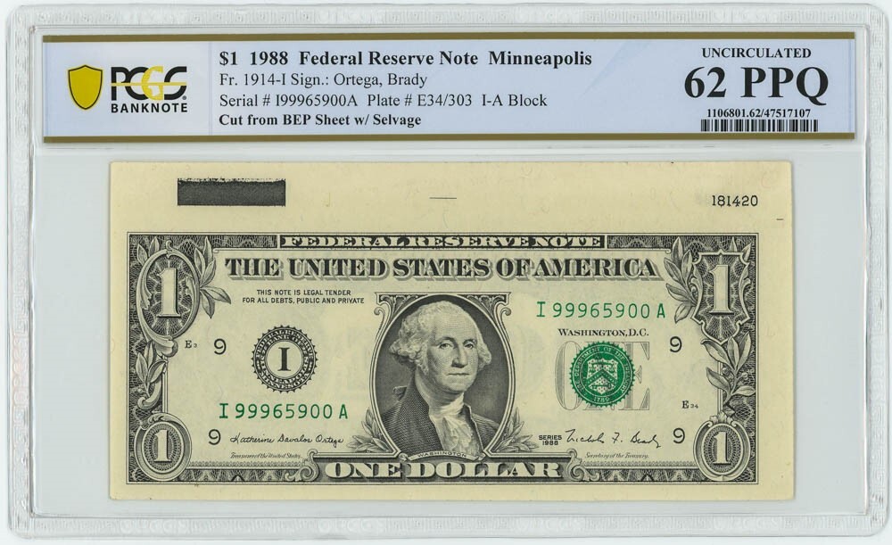 のん FR #1914-I $1 1988 Federal Reserve Note Minneapolis Unc 62
