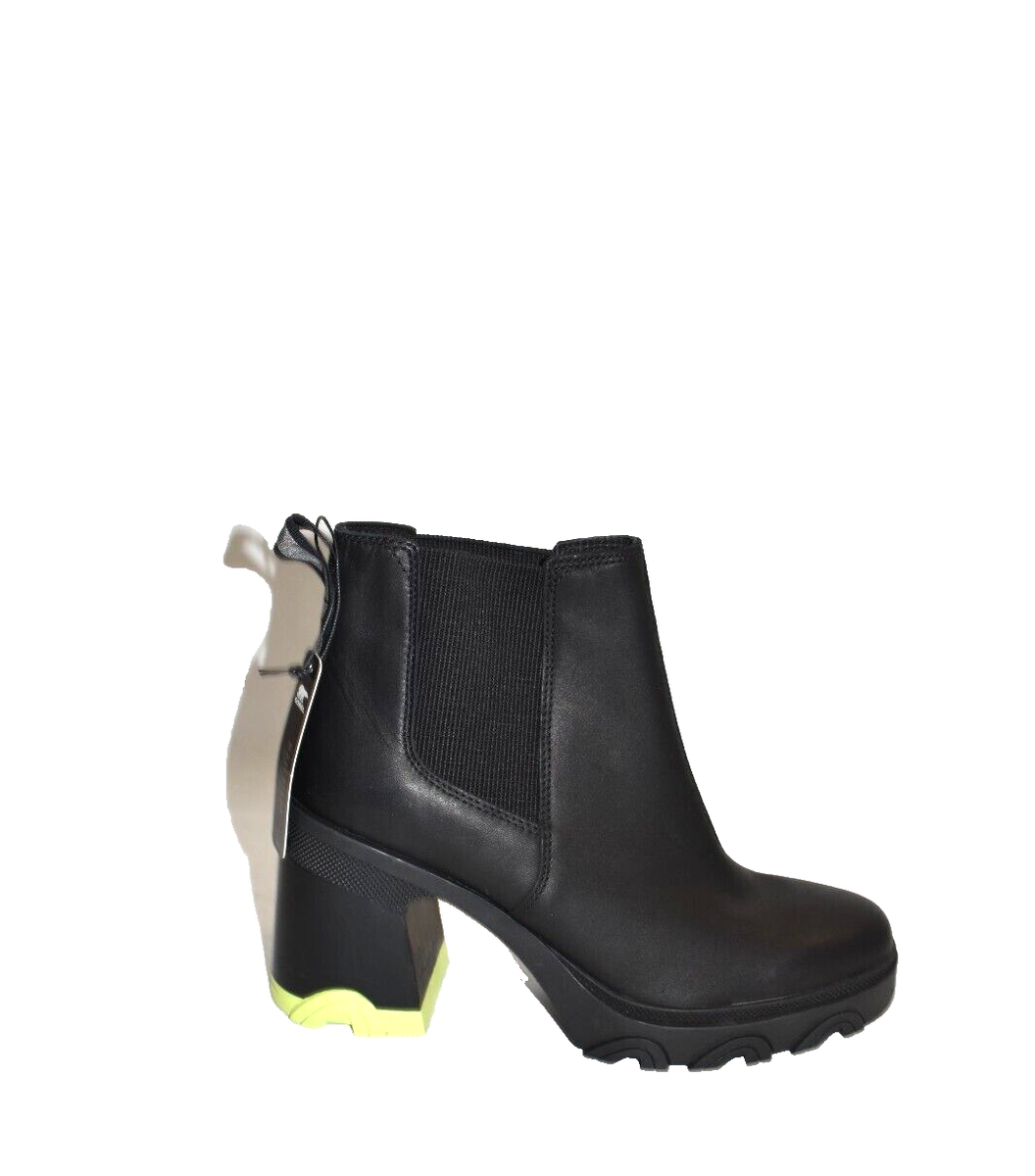 New! Sorel Brex Heel Black Neon Green Leather Chelsea Boot Waterproof