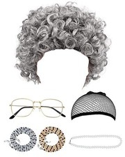 6 Pieces Grandma Costume Wig Old Lady Wig Halloween Cosplay Accessories for D...