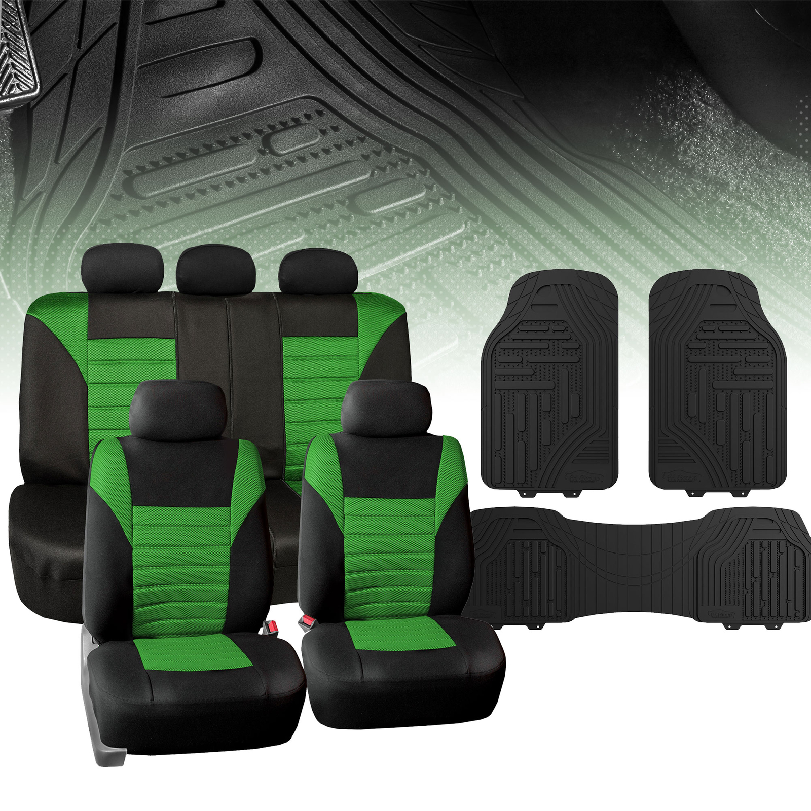 Green Mesh Car Seat Covers Full Set with Black Floor Mats Heavy Duty
