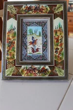 VINTAGE PERSIAN KHATAN INLAID WOOD MARQUETRY  FRAME MINIATURE PAINTING