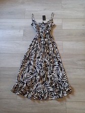 New Look Black Leaf Print Silky Strappy Flared Wrap Dress Frilled Party UK10