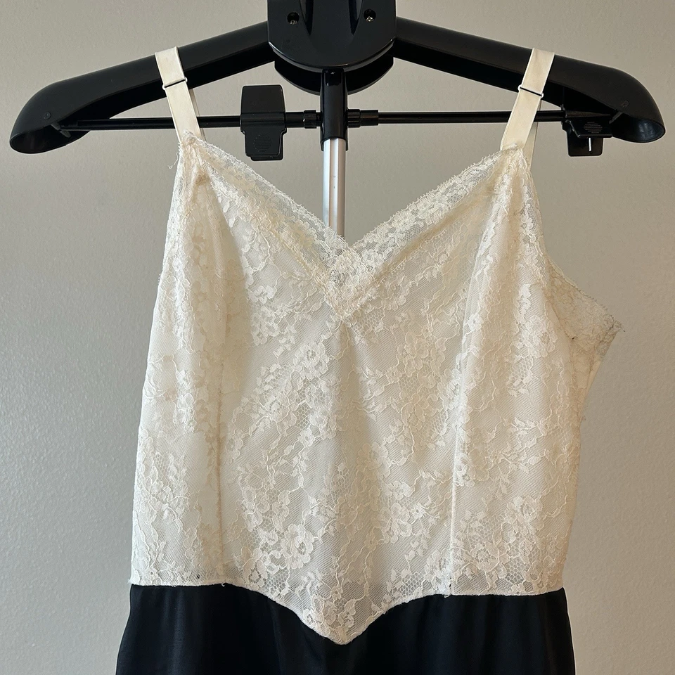 Винтажный Van Raalte черный слоновой кости кружева отделки чистый верхний скольжения платье размер 34 США как есть - Изображение 2 из 4