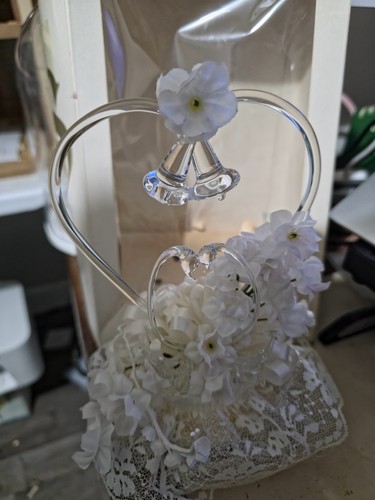 Vintage Blown Glass Swan Wedding Cake Topper Double Heart Lace Floral