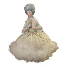 Antique Porcelain Stick Pin Cushion Half Doll Lady With Fan & Hand Out