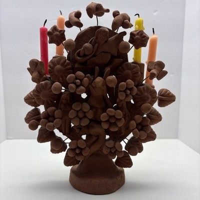 Vintage Adam Eve Snake Tree of Life Mexican Folk Art Terracotta Candelabra