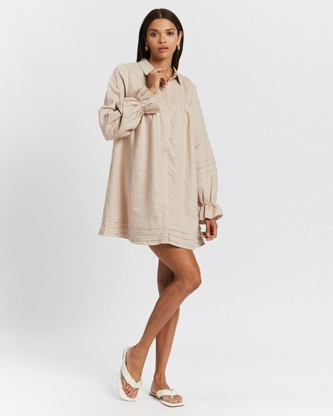 AERE Beige Neutral Linen Long Sleeve Winter Pleat Smock Mini Shirt Dress 8AU/4US