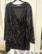 Primark Black Sequin V-Neck Mini Dress Long Sleeve Lined Party/Cocktail Size L