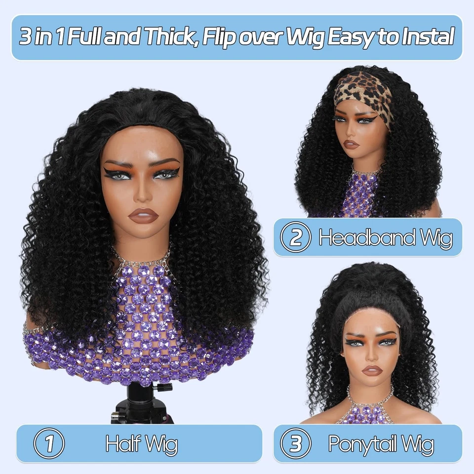 Half Wig Human Hair 200 Density Headband Wig 24 INCH Kinky Curly 3 in 1 Wig - Image 2 of 4