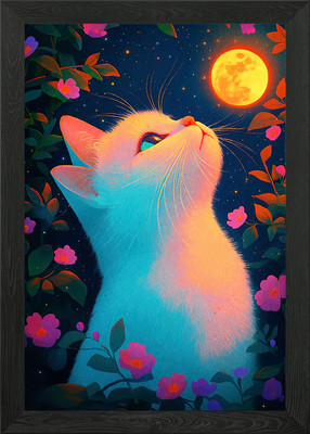 Gerahmtes Wandbild Poster Leinwanddruck Bild Katze blickt auf den Mond