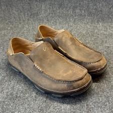 OluKai Moloa Men s 9 Brown Leather Slip-On Loafers Collapsible Heel Slippers