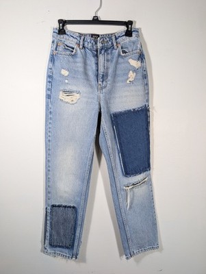 URBAN OUTFITTERS BDG PATCHWORK MOM JEANS BLUE NAVY WHITE DISTRESSED W27