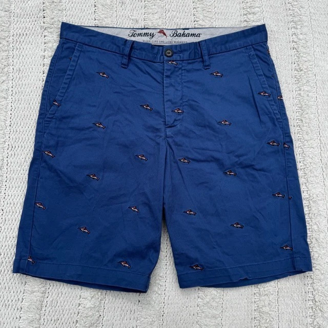 Tommy Bahama Chino Shorts Men's 33 Blue Embroidered Island Fish AOP Summer