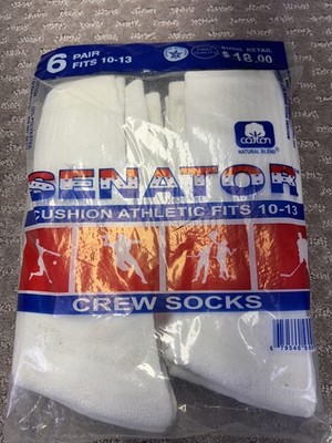 Senator Crew Socks Mens Size 10-13 White Cushion Athletic 6 Pair Pack Sports
