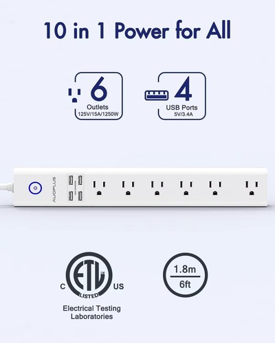 6 Outlet Surge Protector with 4 USB Ports - Overload Protection & 6Ft Extension - Picture 4 of 10