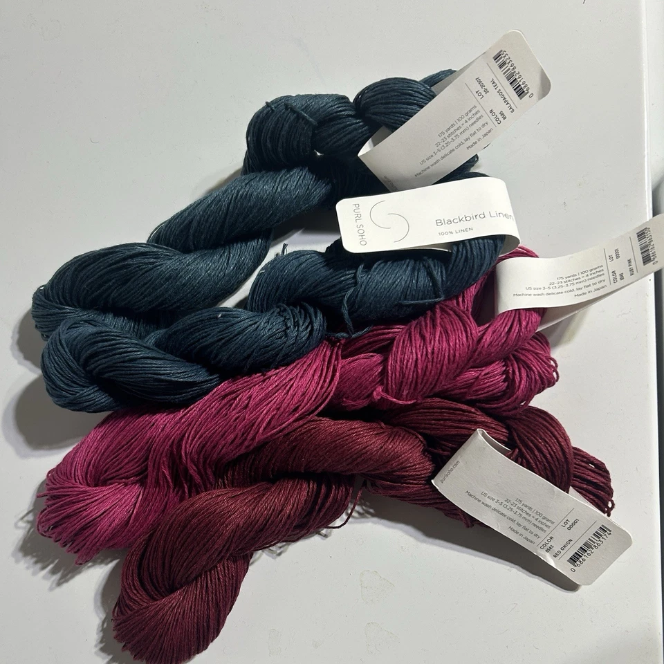 Four Hanks Purl Soho Blackbird Lino - Verde azulado de Galápagos, rosa rubí, cebolla roja Foto 2 de 3