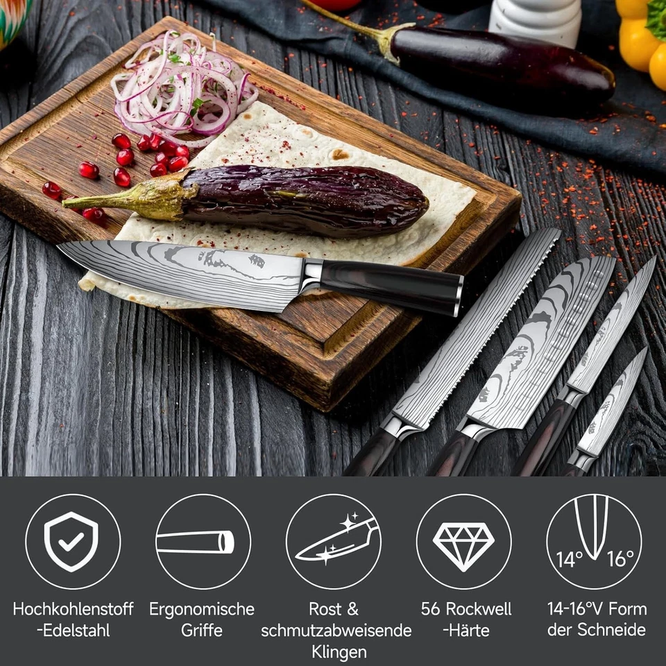 Messerset 5-teilig Edelstahl Küchenmesser Ergonomisch Profi Kochmesser C48 - Bild 4 von 4
