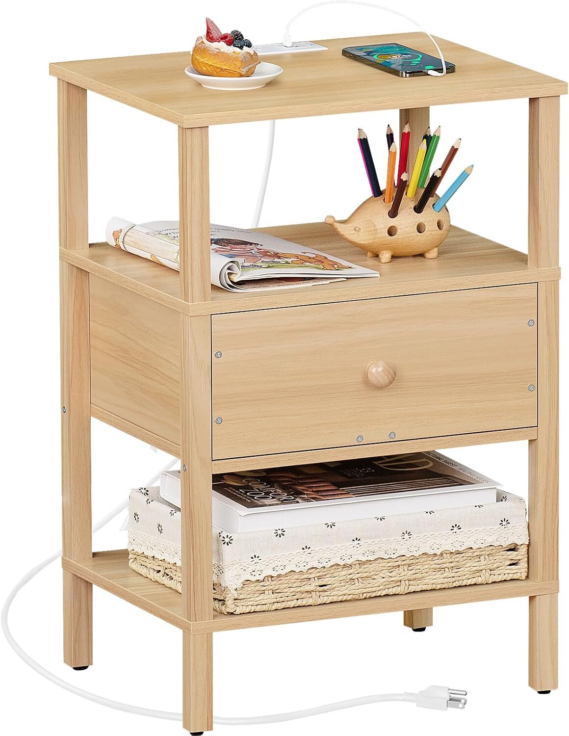 3-Shelf Nightstand with USB Charging Port & Power Outlet-image