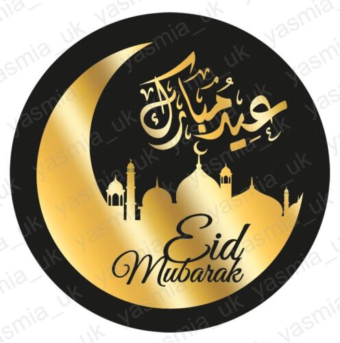 35 Eid Mubarak Stickers Labels Black Gold Foil Masjid Crescent Eid Decoration - Picture 1 of 6