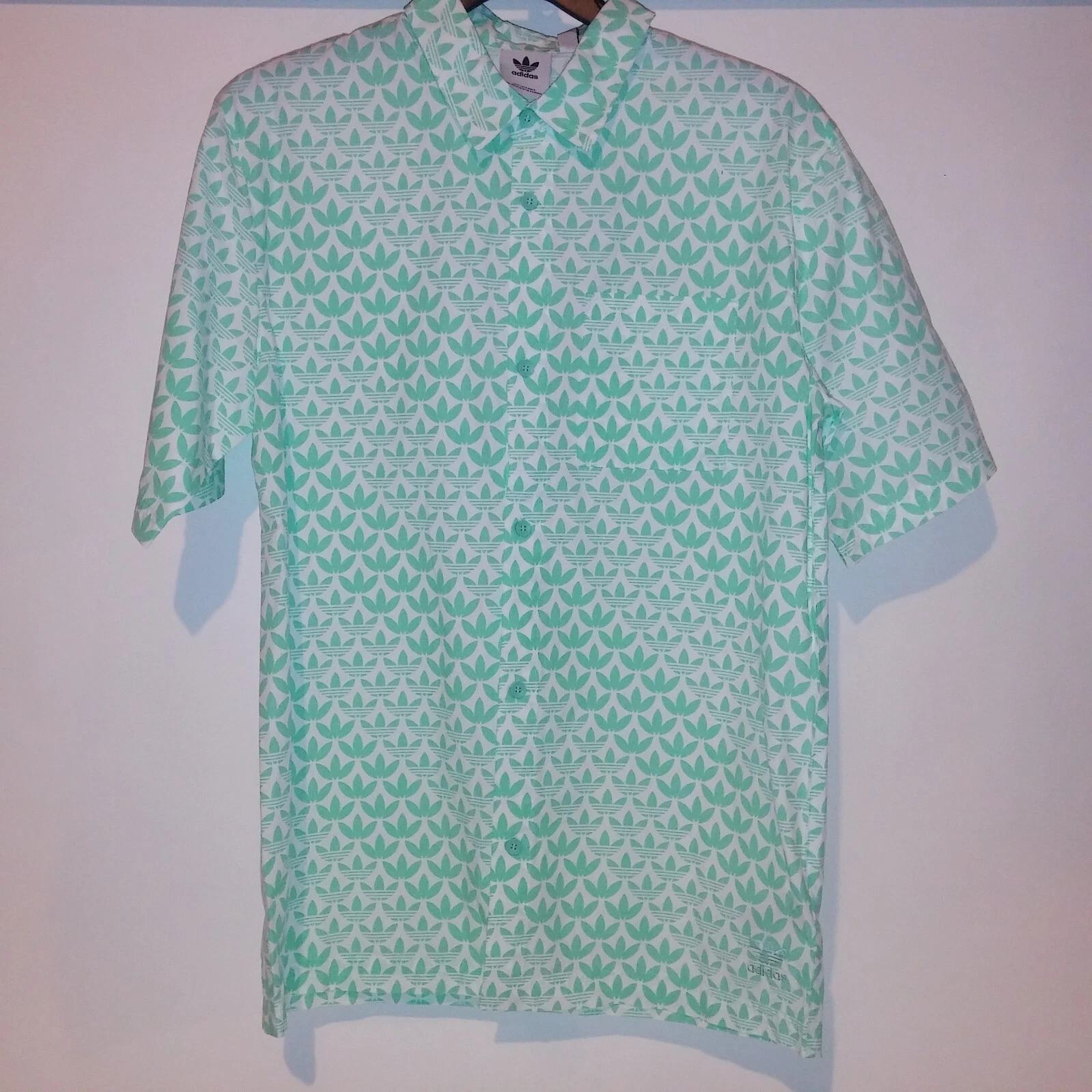 Adidas Button Up Shirt Mens White Mint Green Trefoil Allover Print Logo Shor