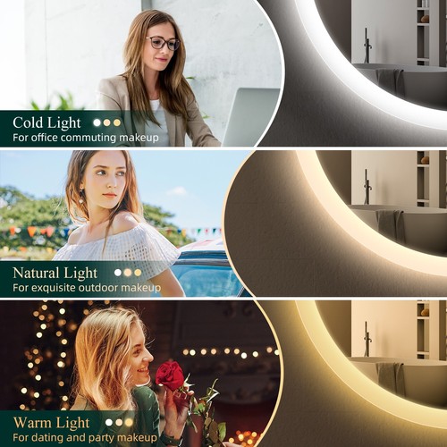 23.6 in Round LED Bathroom Lighted Mirror Bluetooth 3 Colour Wall Vanity Mirror - Picture 3 of 8