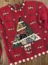 Vtg Over The Top Crazy Busy Ugly Christmas Quilt Sweater M L