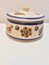vintage mid century mexican tonala dish with lid bird and floral