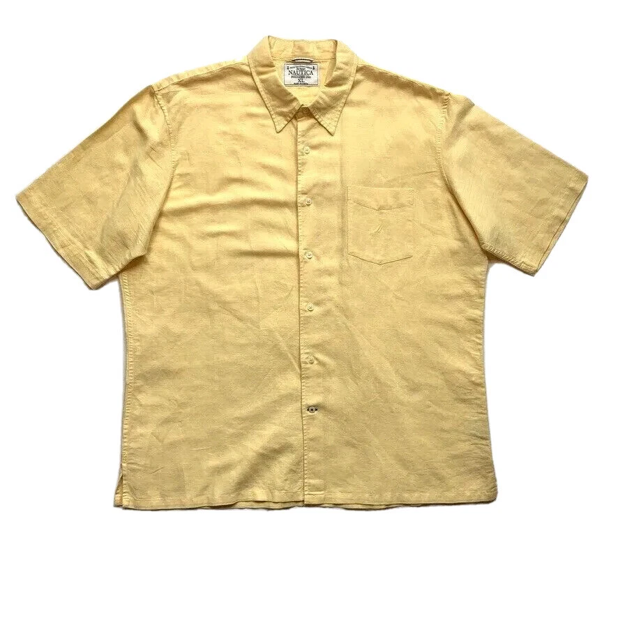 Nautica Linen Blend Shirt Mens XL Button Up Short Sleeve Pocket Summer Yellow