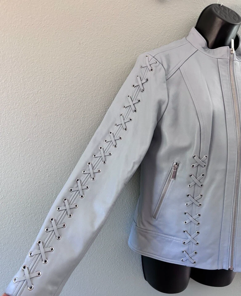 Neiman Marcus Light Blue Leather Lace-Up Moto Jacket Womens Medium Lined - Image 4 of 4