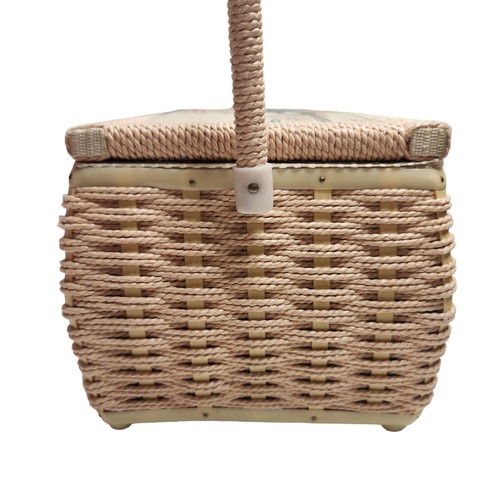 Cesta de costura tejida vintage con estampado de pájaros Japón forro grande satinado con bandeja - Imagen 5 de 14