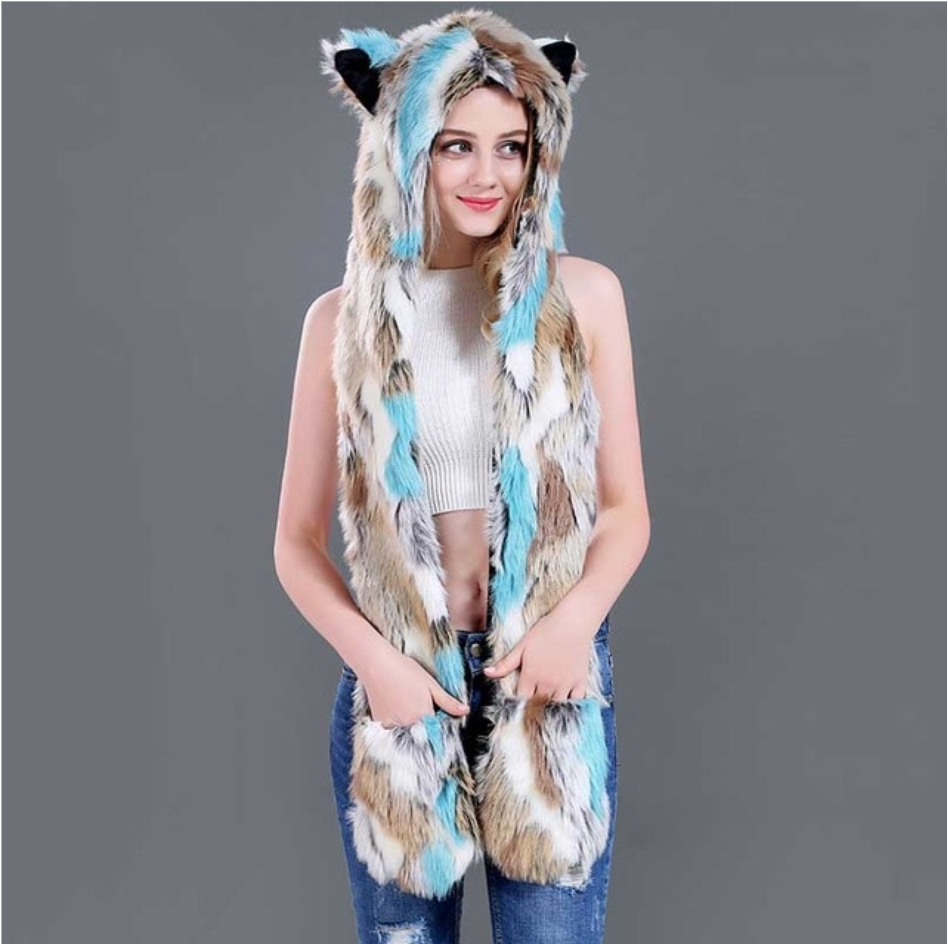 Fashion Rainbow Faux Fur Beanie Hat Cute Cat Paw Rave 3 In 1 Scarf