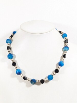 Western Boho Blue Stone Black Glass Chunky Statement Toggle Necklace 20 inch