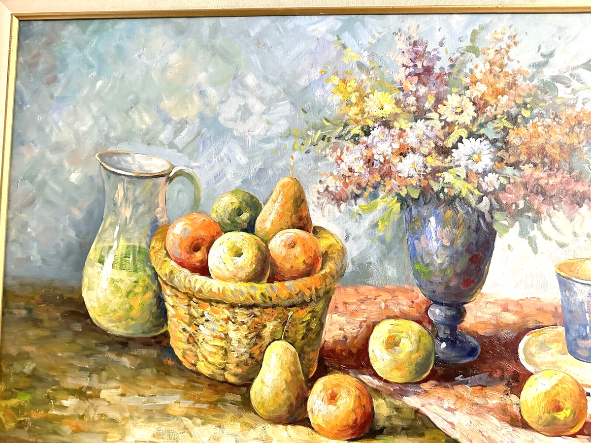 Still Life w/ Fruits, Flower & Pitcher Oil Painting by W. Adams