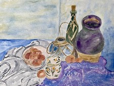 Vintage Original Kunst / Aquarell Gemälde - Stillleben in Lila & Blau