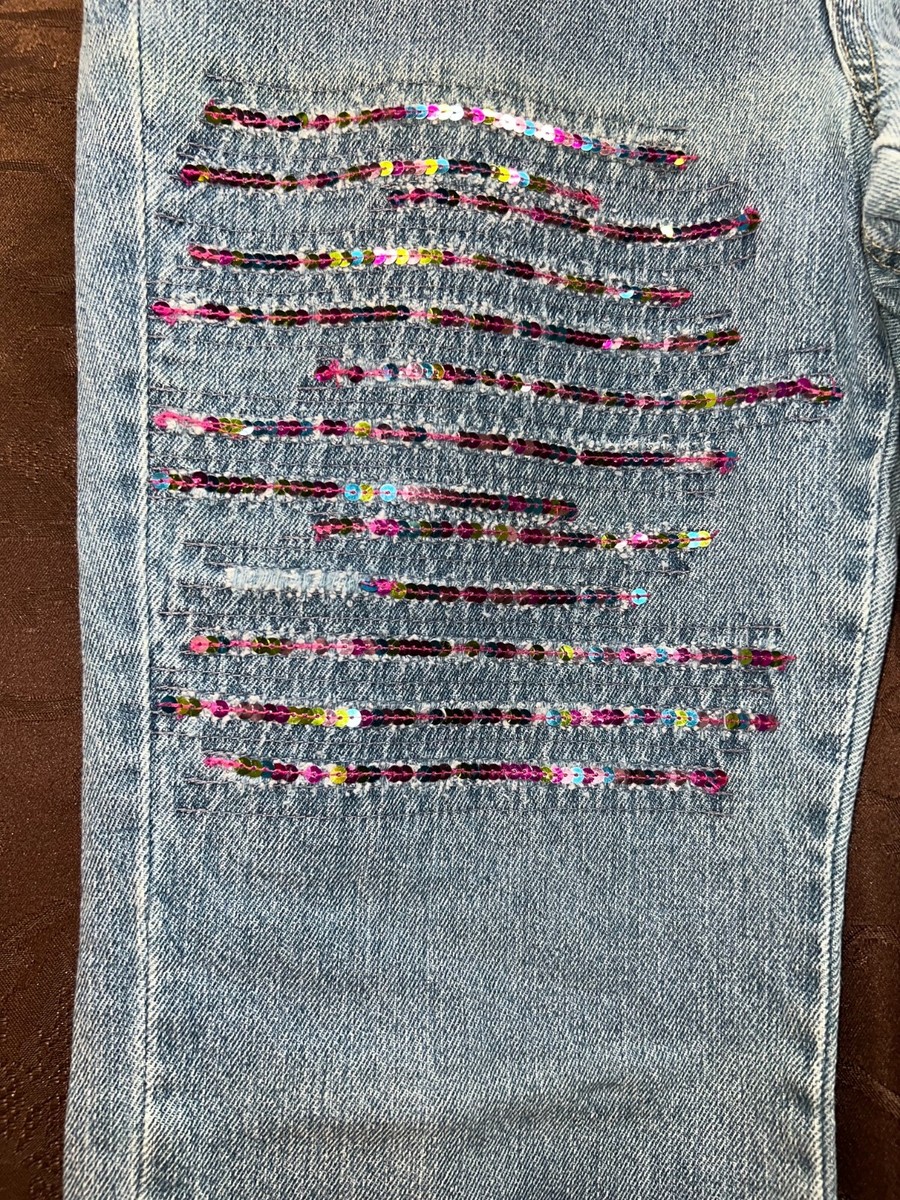 Limited Too "Simply Low" ladies blue flared sequined jeans, sz 16.5,lt blue wash View 4