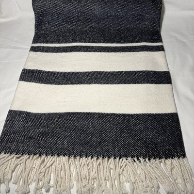Roca Home - Throw Blanket Cotton Blend Blue Ivory Stripe Made In Portugal